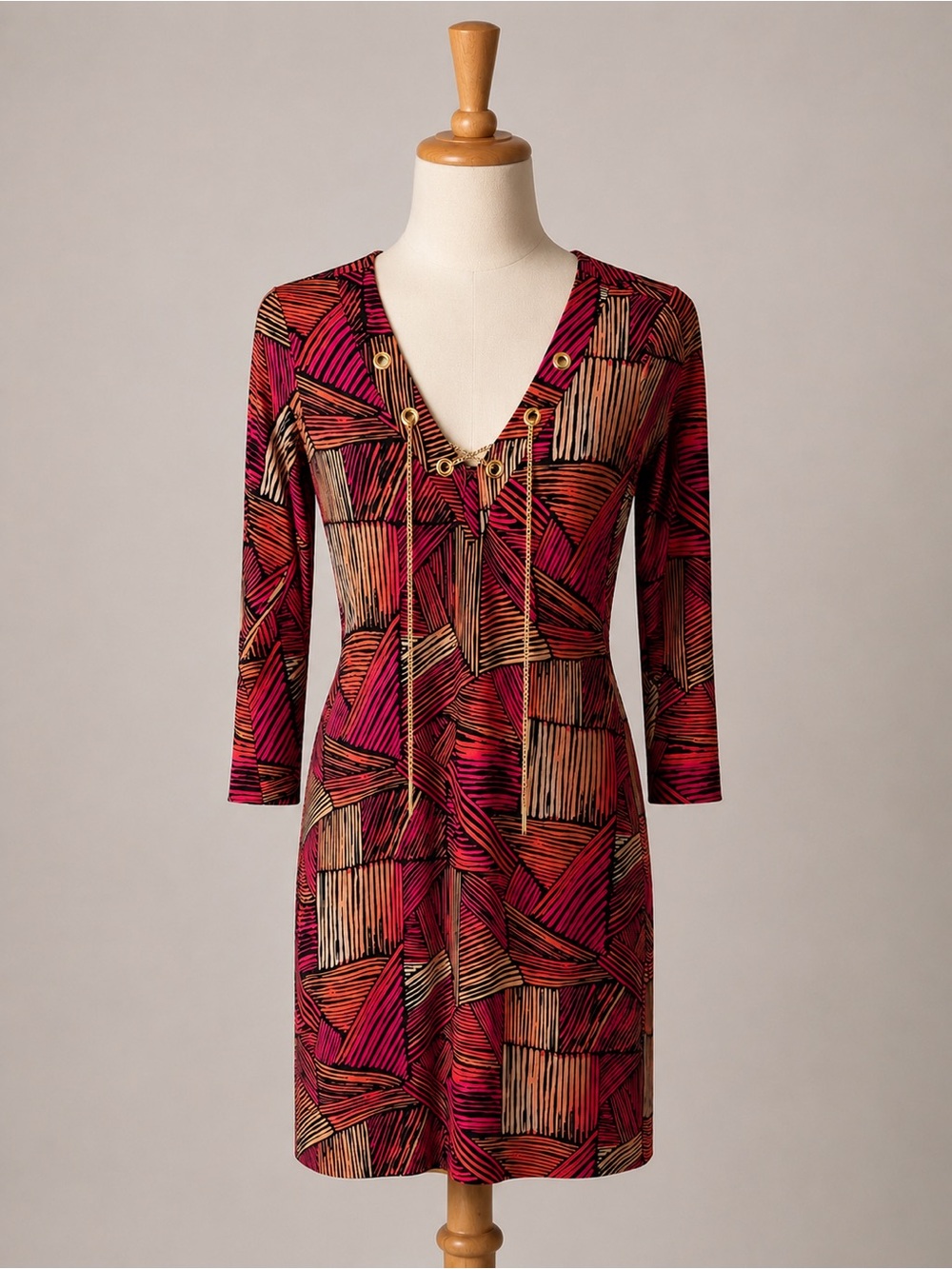 Calvin Klein - Pink and Coral Geometric V-Neck Mid-Length Dress